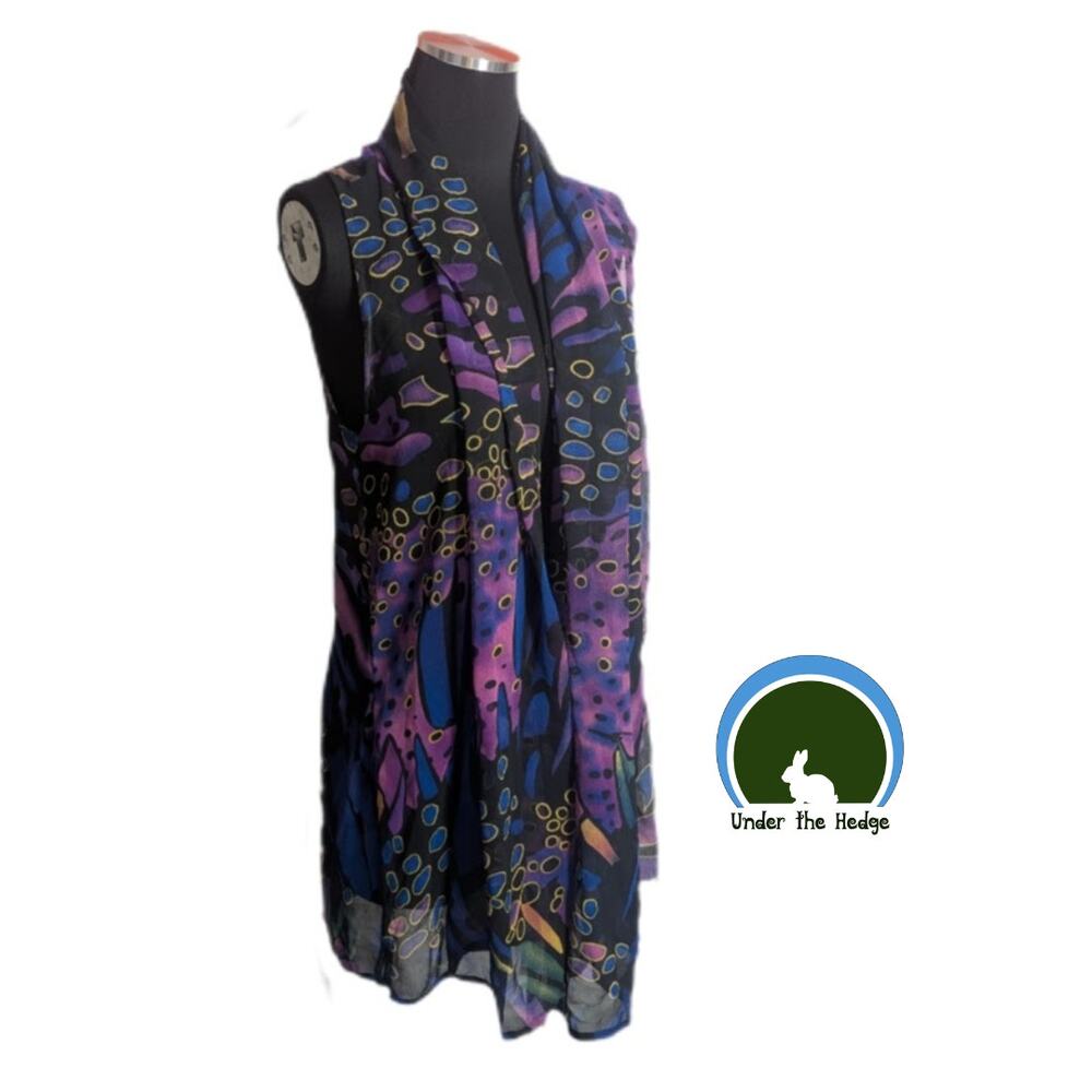 Zury Purple Black Print Chiffon Open Vest Free Size Boho Chic Maximalist